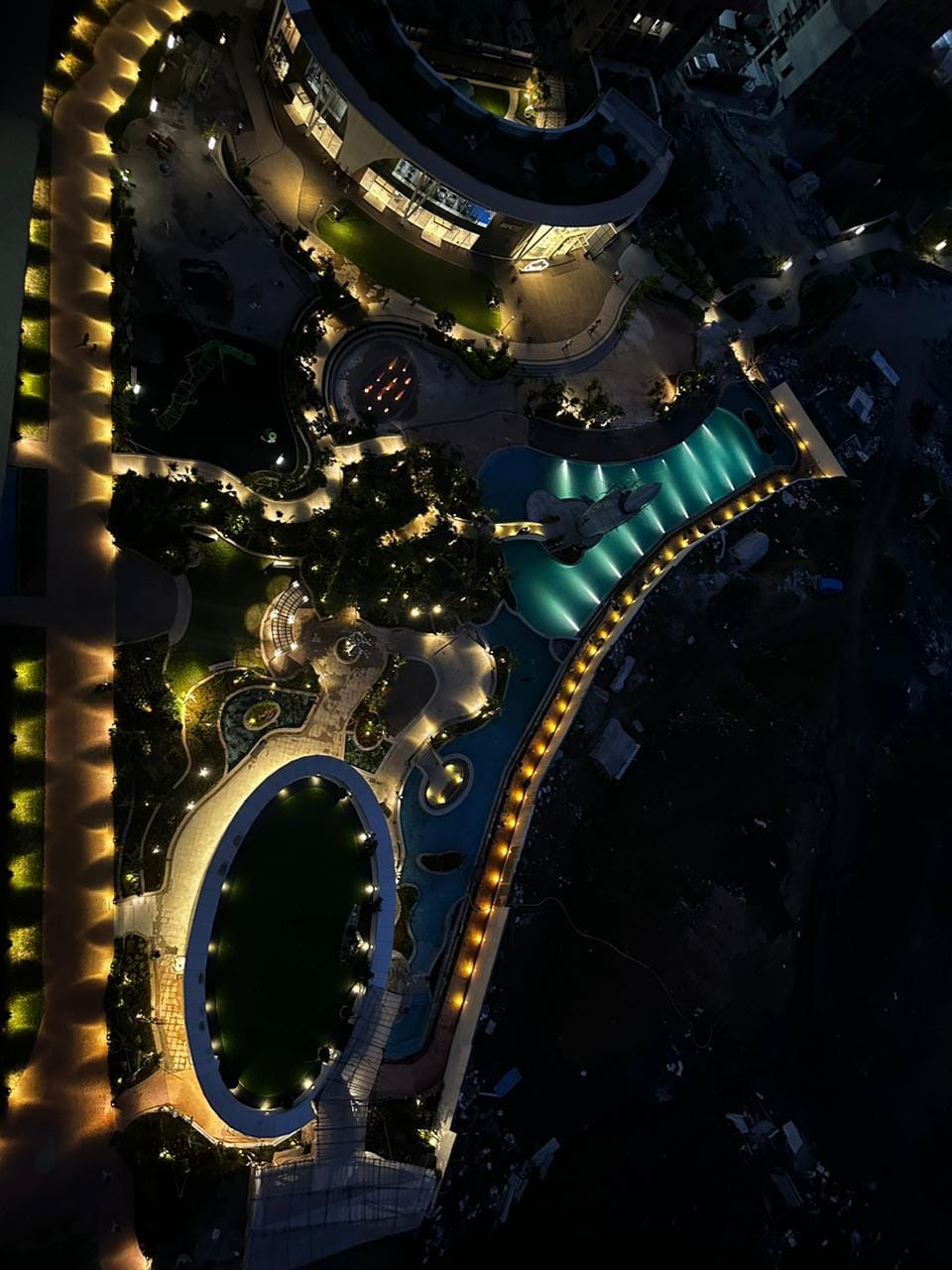 The podium from above, lit at night