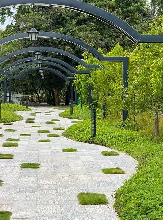 Stepping stones under steel arches