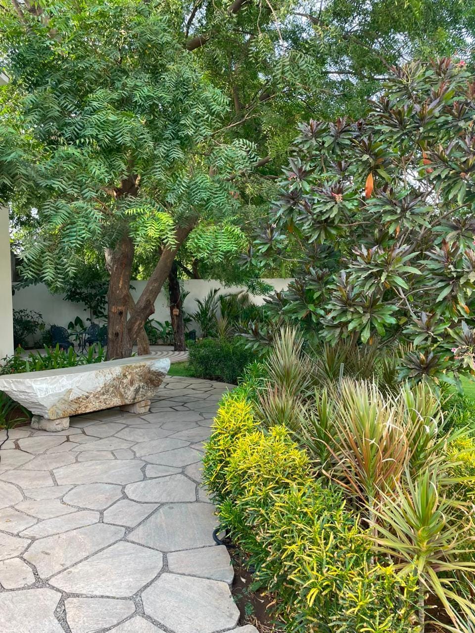 A stone bench beside a planted garden path